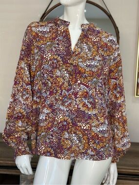 Anthropologie Mosaic Floral Split-Neck Blouse - Purple & Gold Sz XL